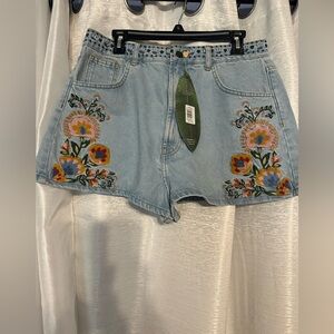 FARM Rio Blue Jean Shorts with Floral Embroidery